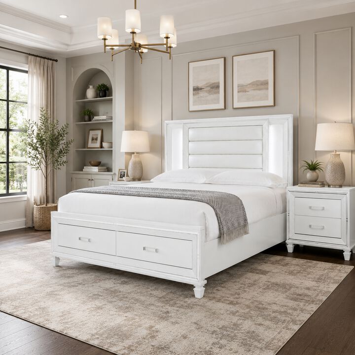 Queen Bedroom Set, White Wood, 3 Piece Set with 2 Nightstands