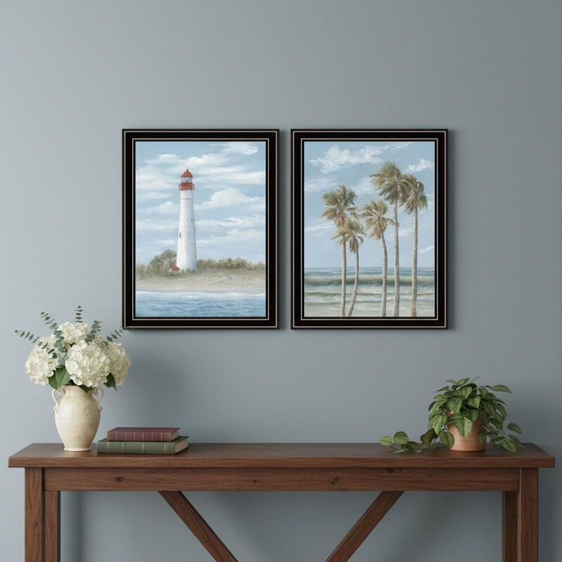 HomeRoots Set Of Two Cape May Lighthouse And Palm Trees Black Framed Wall Art image number 1