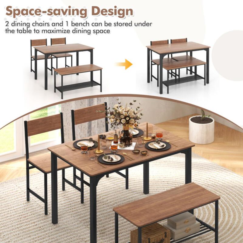 Hivvago 4 Pieces Rustic Dining Table Set with 2 Chairs and Bench