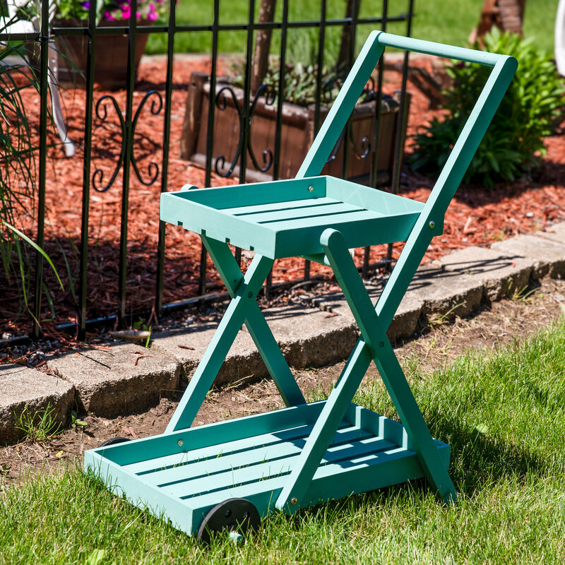 Sunnydaze 2-Tier Fir Wheeled Planter Stand - Robin Egg Blue