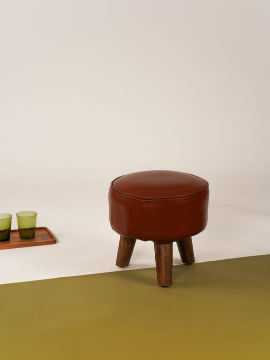 Handmade Eco-Friendly Geometric Buffalo Leather & Wood Black Round Ottomon Stool 14"x14"x14" From BBH Homes