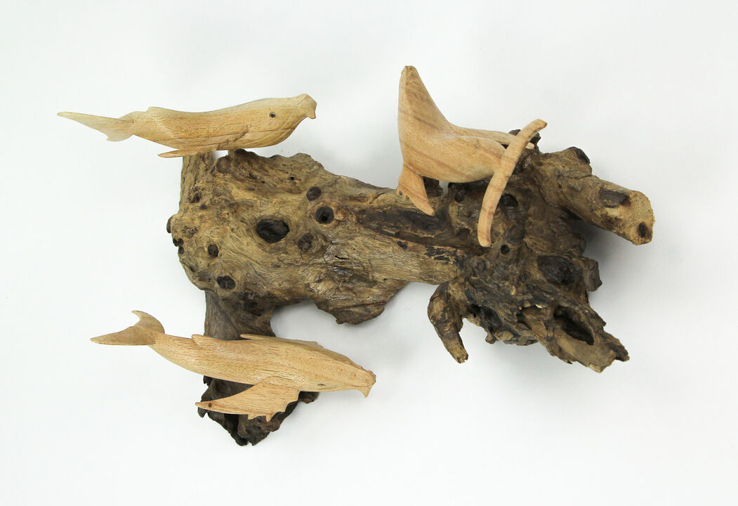 Carved Wood Humpback Whale Trio on Driftwood Base Wall Hanging