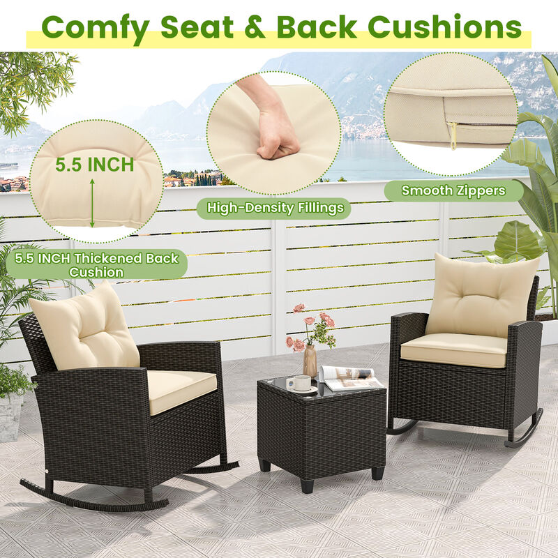 Patio Rattan Roker Chairs with Tempered Glass Table and Soft Cushions for Backyard  Poolside Porch-Beige