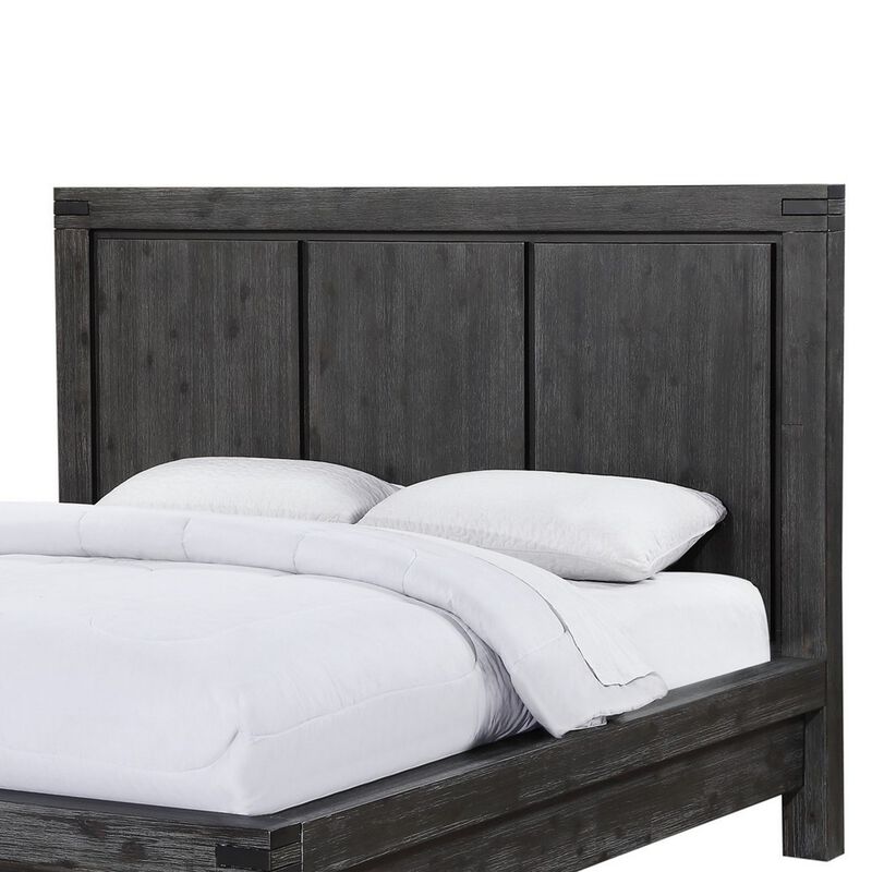 Gael California King Bed, Acacia Wood, Panel Headboard, Wire Brushed Gray - Benzara