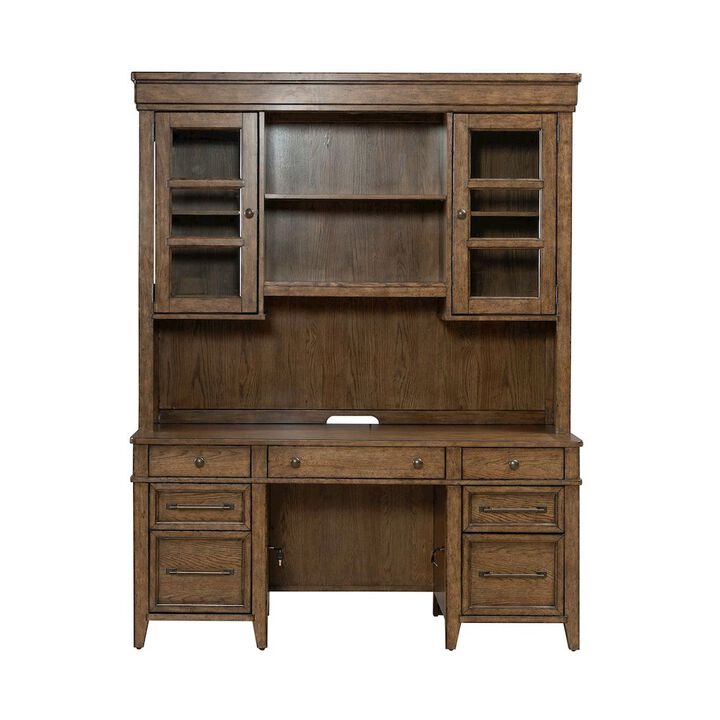 Liberty Furniture Credenza & Hutch with LED Light, Keyboard Tray - Amber Brown Oak Wood