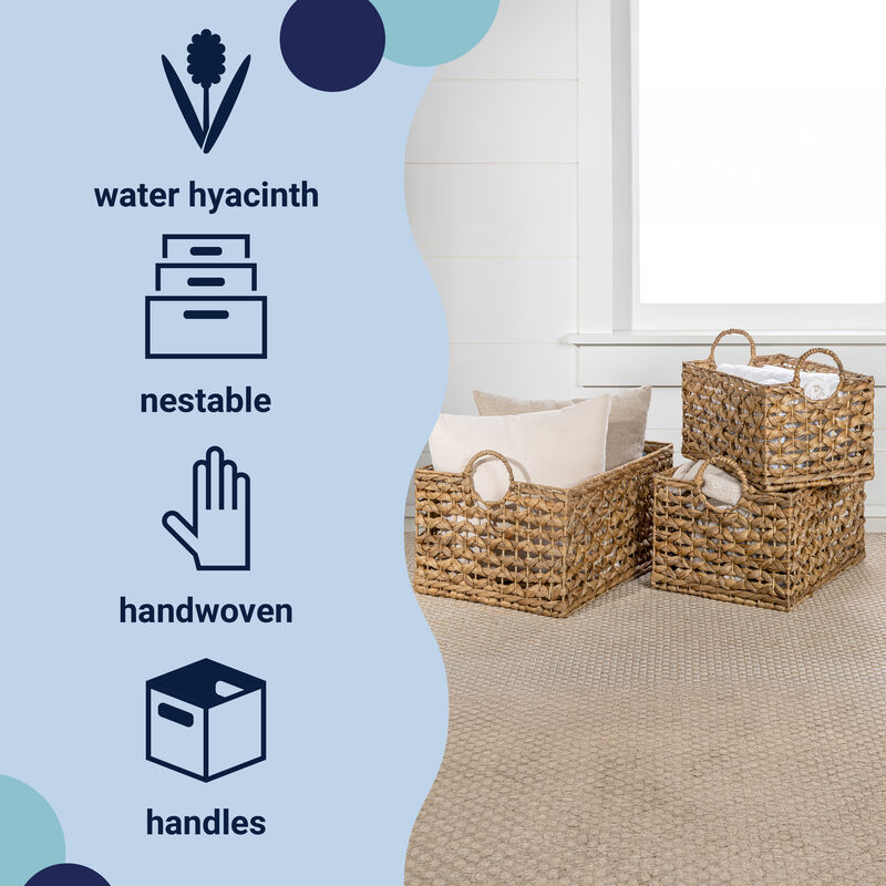 Quinn Bohemian Cottage Woven Hyacinth Rectangular Storage Baskets with Handles