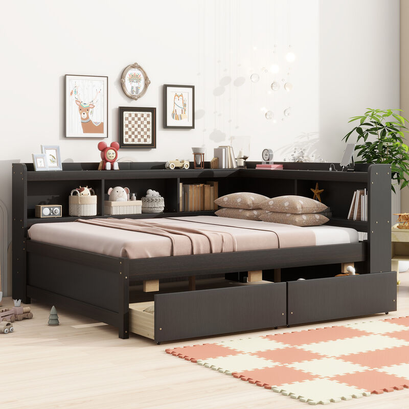 Whisen Full Size L-shaped Bookcases Bed with Power Outlets, USB Charging Ports,Two Drawers image number 3