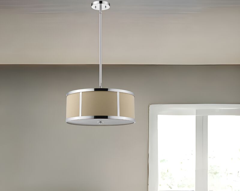 Hivvago Butler 2-Light Polished Chrome Pendant With Coarse Cream Linen Shade And Opal Acrylic Diffuser
