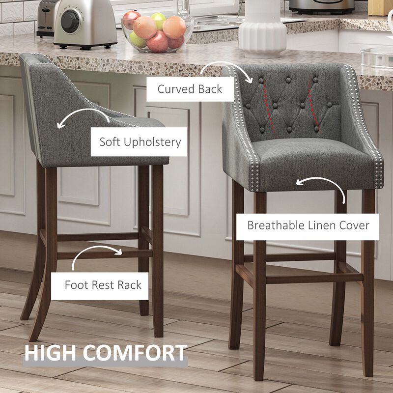 Modern Bar Height Bar Stools Set of 2, 30" Seat Height Bar Chair for Kitchen Living Room with Mid Back, Wood Legs, Nailhead Trim & Tufted Upholstery, Dark Grey image number 6