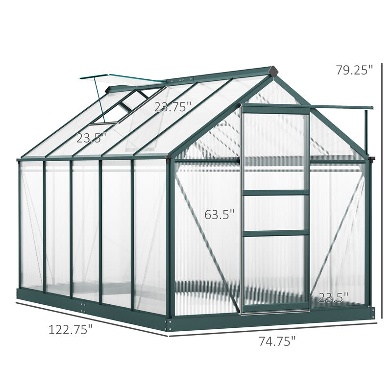 Outsunny 6' x 8' x 6.5' Polycarbonate Greenhouse, Heavy Duty Outdoor Aluminum Walk-in Green House Kit with Rain Gutter, Vent and Door for Backyard Garden, Dark Green