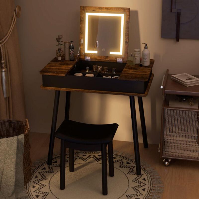 Hivvago Vanity Table Set with Flip Top Mirror Lights USB Writing Desk and Stool