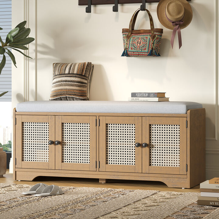 Merax Rustic Storage Bench with Woven Rattan Doors, 2 Adjustable Shelves