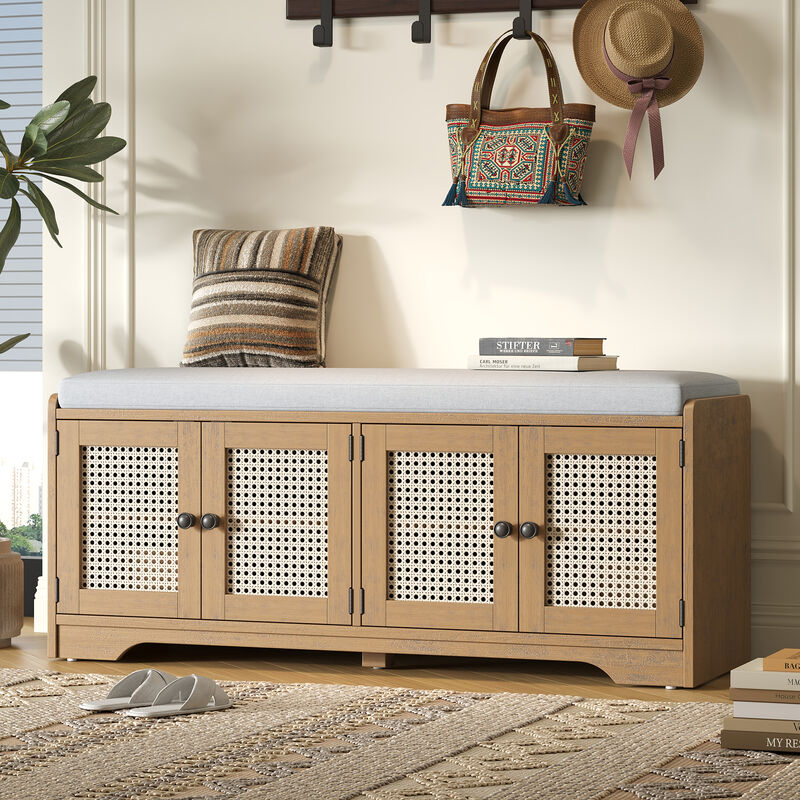 Merax Rustic Storage Bench with Woven Rattan Doors, 2 Adjustable Shelves image number 1