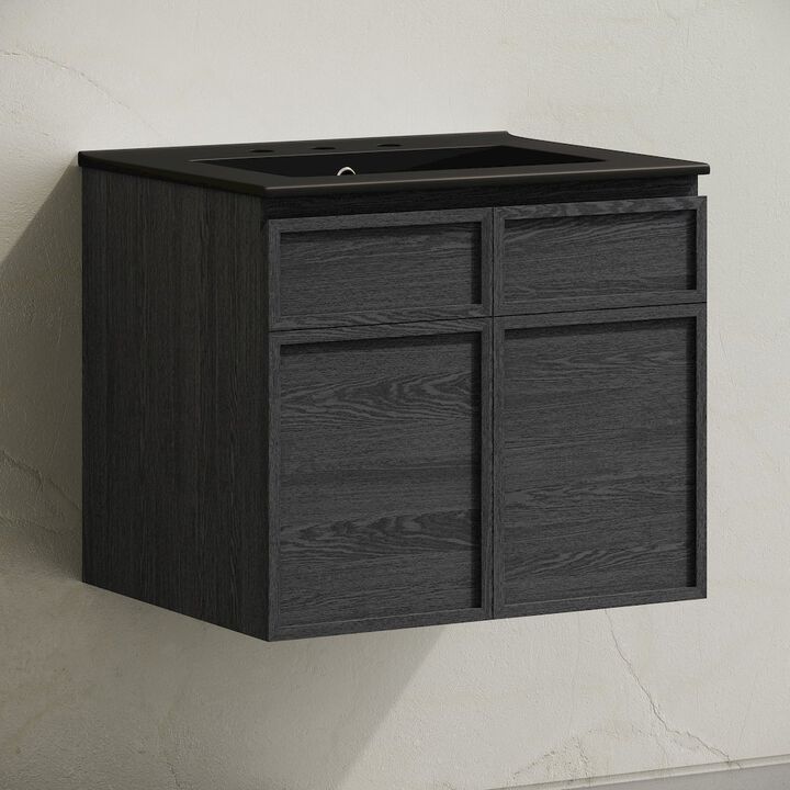 24" Wall-Mounted Bathroom Vanity in Black Oak, Black 3-Hole Widespread Sink Top