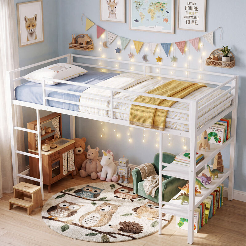 Twin Size Low Loft Bed with Ladder and Storage Shelves Metal Frame image number 6
