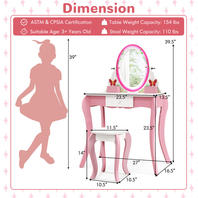 Kids Vanity Table and Stool Set with 360° Rotating Mirror and Whiteboard-Pink