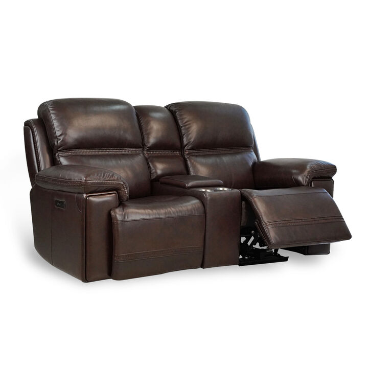 Timo Top Grain Leather Power Reclining Loveseat With Console Adjustable Headrest Storage Steel Cup Holders Cross Stitching