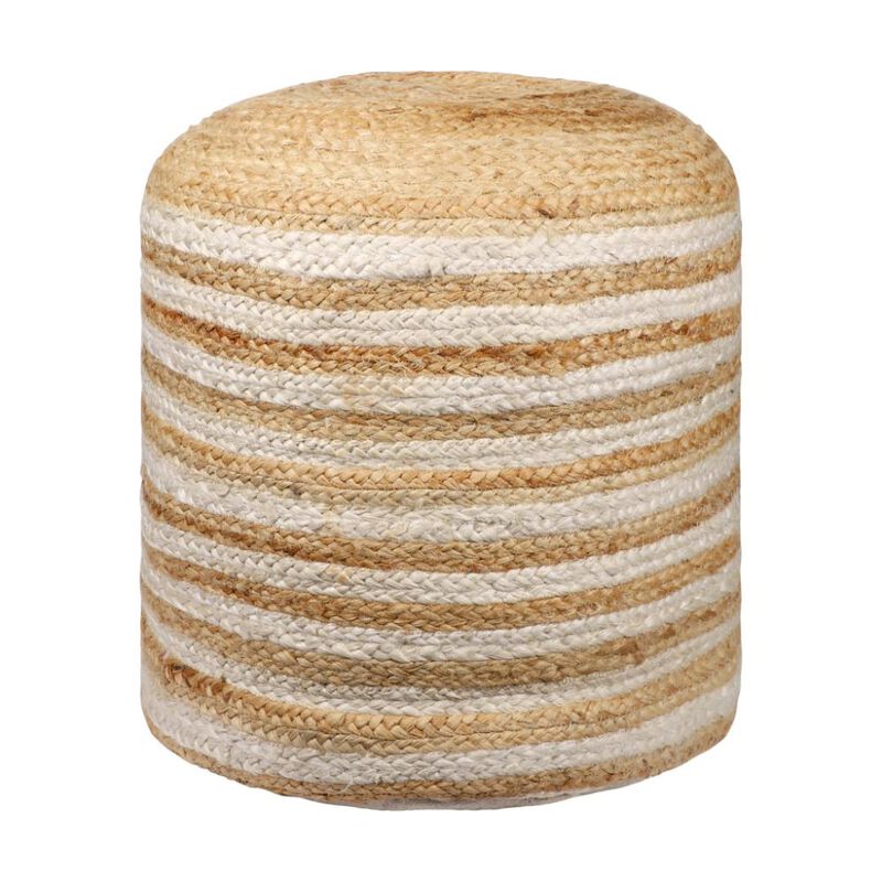 Hivvago 18 Inch Natural And White Jute Blend Cylinder Striped Pouf Ottoman