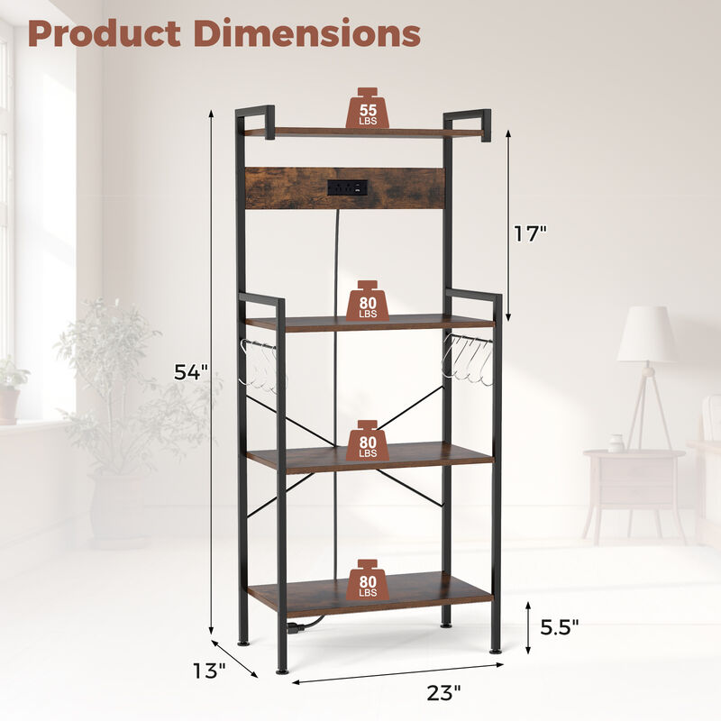 4-Level Baker’s Rack with Electrical Outlet and Metal Hooks – Freestanding Kitchen Unit