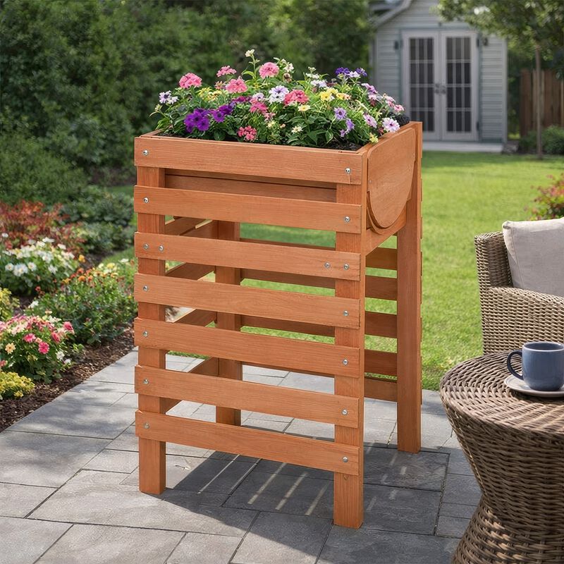 Outdoor Planter with Standing Slatted Design, Natural Brown Fir Wood - Benzara image number 7