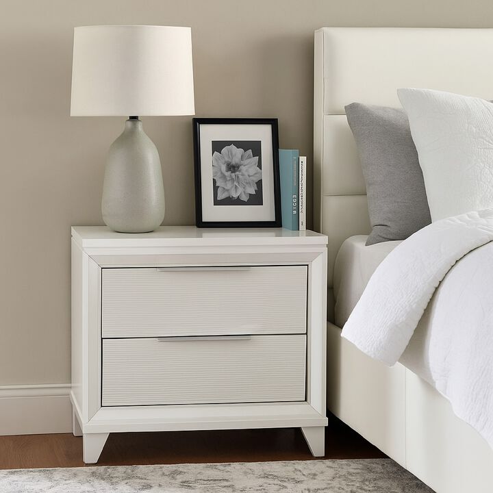 Ressy Nightstand with 2 Drawer, Silver Metal, Contemporary White Wood
