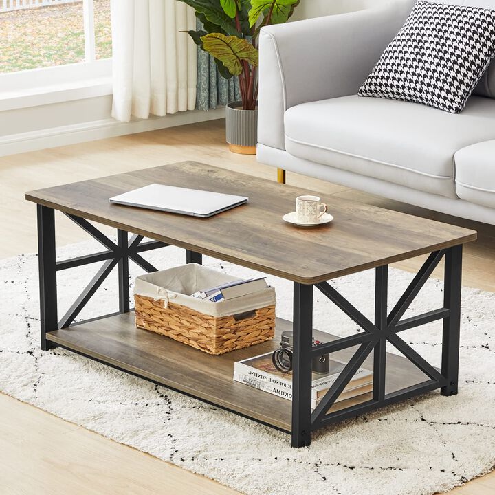 GreenForest Coffee Table for Living Room with Round Corners Farmhouse Style Center Table with Storage Shelf 39 Inch Space Saving