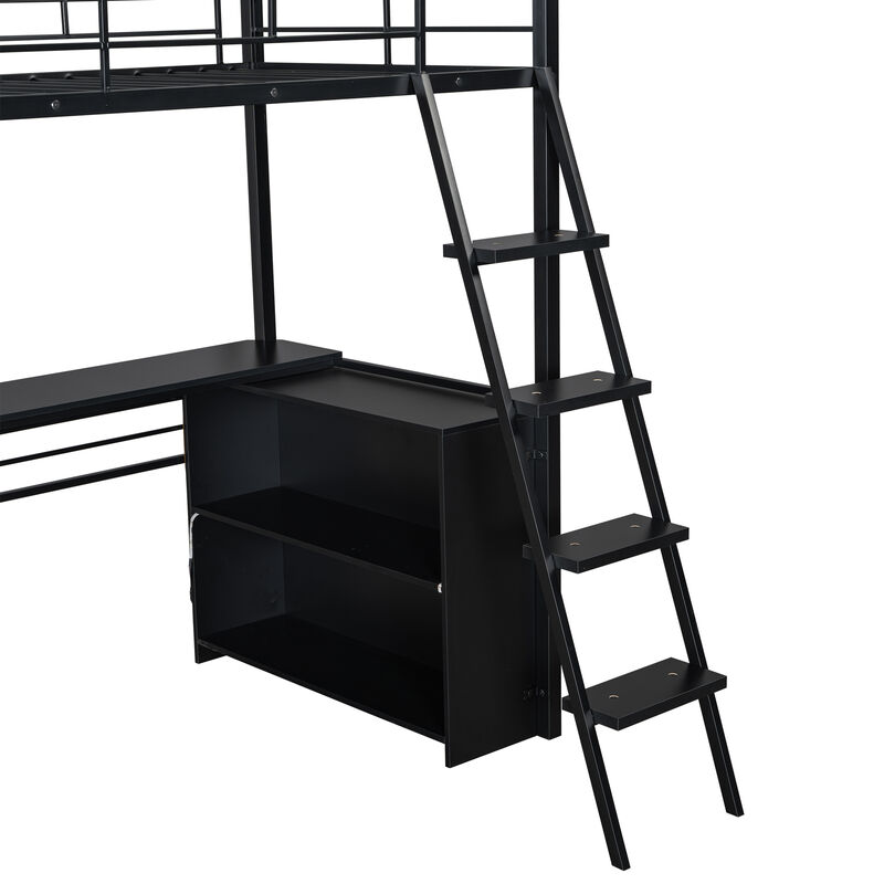 Merax Metal Loft Bed with LED, Desk and 4 Storage Shelves