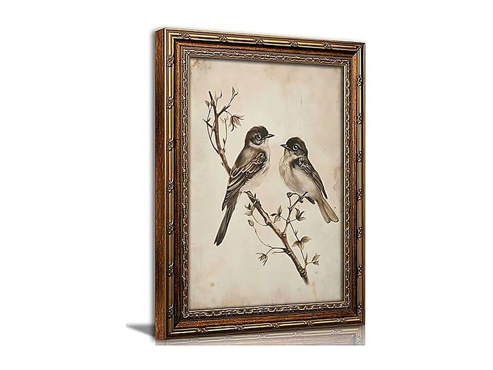 Vintage Gold Framed Bird Wall Art Birds In Love Branch Canvas Minimalist Antique