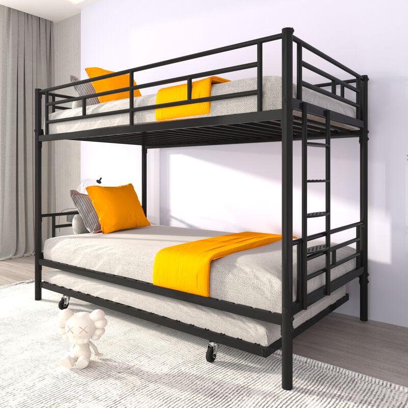 Bunk Bed Twin over Twin with Trundle Black, CPC Certified, No Box Spring Needed, Heavy Duty, Easy to assemble