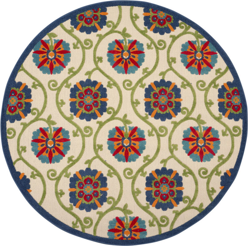HomeRoots 8' Navy Blue Beige Green Blue And Red Round Floral Indoor Outdoor Area Rug image number 2