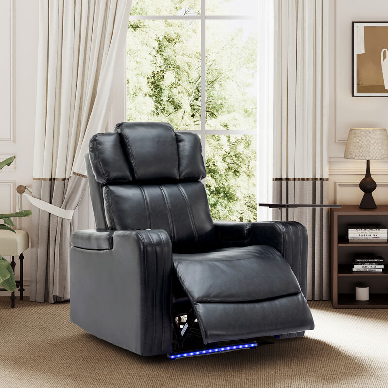 Whisen PU Leather Power Recliner with Cup Holder, Bluetooth Speaker, LED Lights, USB Ports, Tray Table and Arm Storage