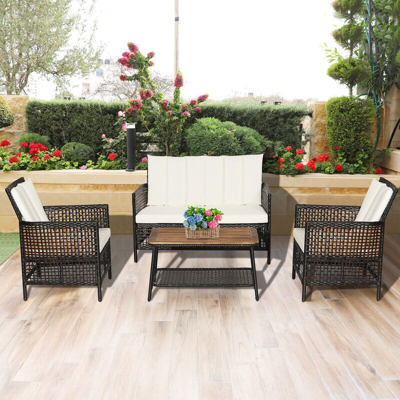 4 Pieces Patio Rattan Furniture Set with 2-Tier Coffee Table-White