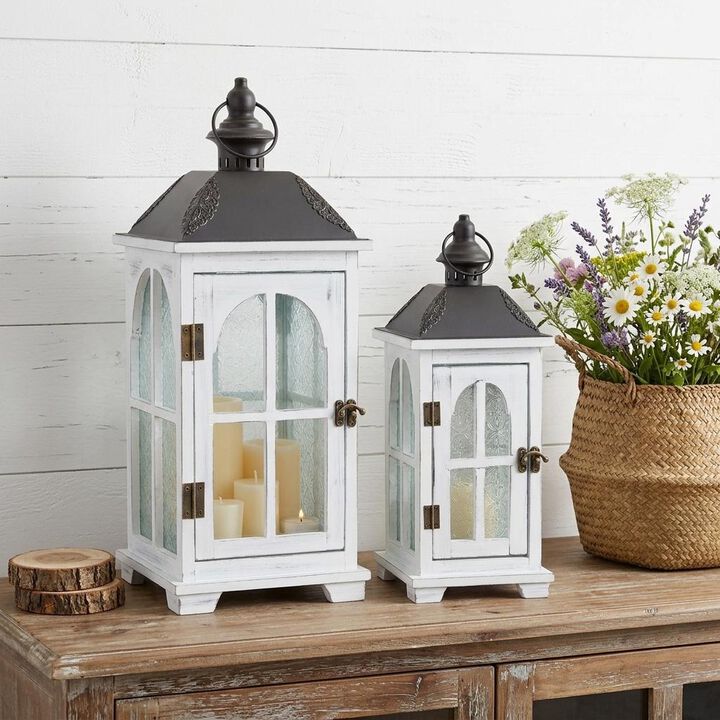 HomeRoots Set of Two White And Black Distressed Ornate Glass Wood And Metal Floor Lantern Candle Holders