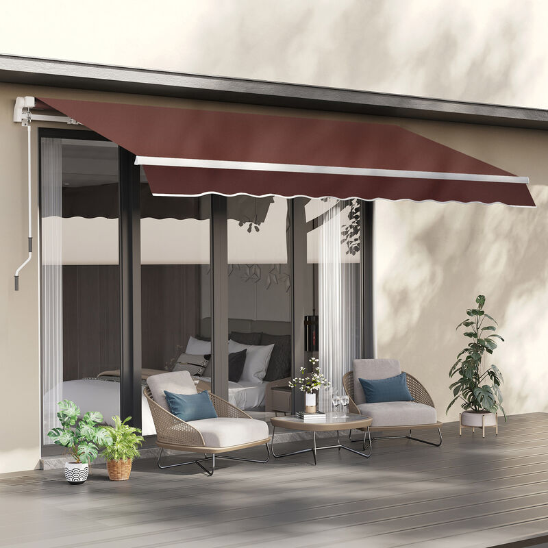 Outsunny 12' x 8' Retractable Awning Patio Awnings Sun Shade Shelter with Manual Crank Handle, 280g/m² UV & Water-Resistant Fabric and Aluminum Frame for Deck, Balcony, Yard, Brown