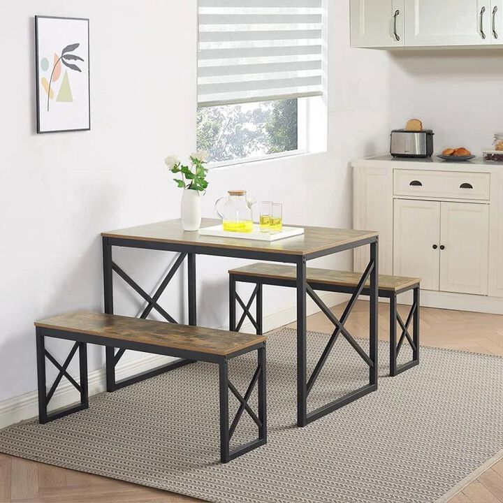 Hivvago Modern Industrial Wood-Top Kitchen Dining Table Set with 2 Backless Benches