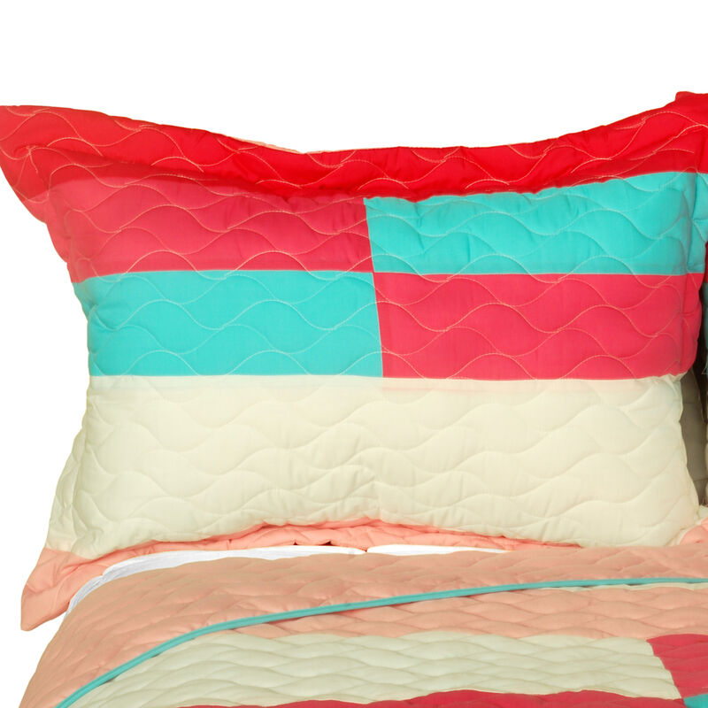 Reversible Patchwork Quilt Set 3 Piece with Vermicelli Quilted Stitching-Red image number 4