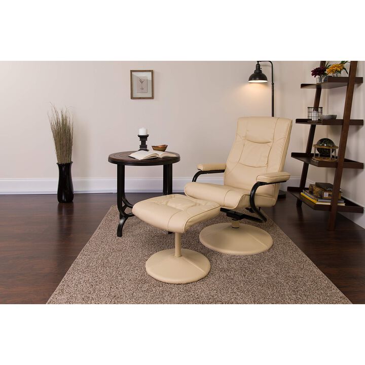 Flash Furniture Rachel Contemporary Multi-Position Recliner and Ottoman with Wrapped Base in Cream LeatherSoft