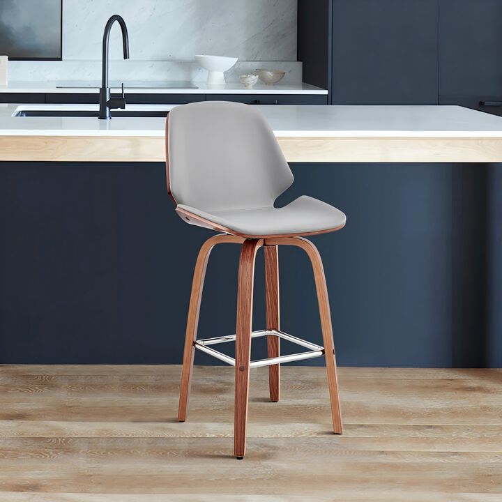 26" Gray Faux Leather and Walnut Wood Swivel Bar Stool