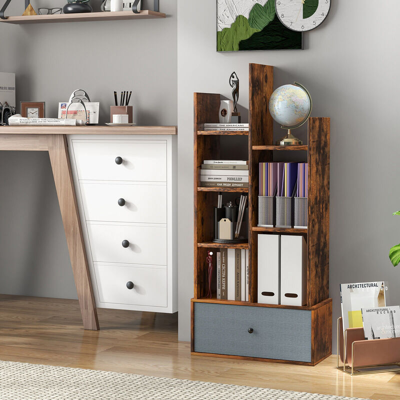 7-Tier Open-Back Bookshelf with Drawer-Rustic Brown image number 1