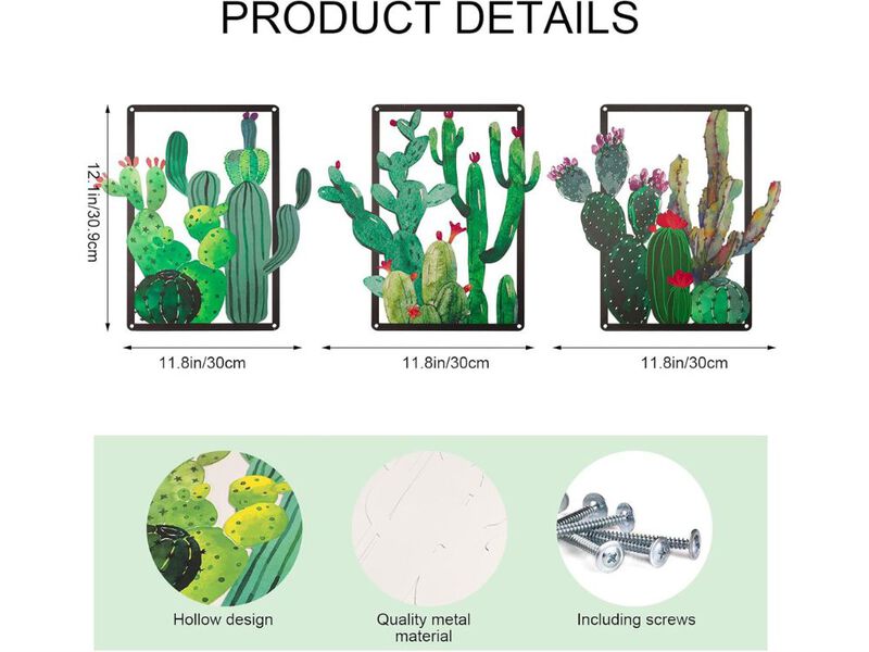Green Metal Cactus Wall Decor Set of 3 Southwestern Art for Bedroom Living Room image number 2