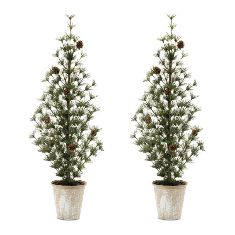 HomeRoots Set of Two 32" Mini Artificial Pine Trees With Pinecones In Rustic Brown Pots image number 2