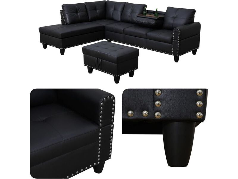 97.5" L Shaped Sectional Sofa Black Leather 4 Seat Modular Couch Storage Ottoman image number 2
