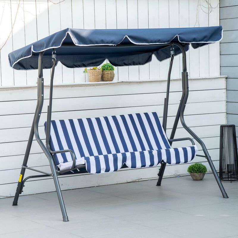 3-Person Patio Porch Swing with Adjustable Canopy for Adults, Steel Frame, Seat & Backrest Cushion, Armrests, Dark Blue & White Striped image number 2