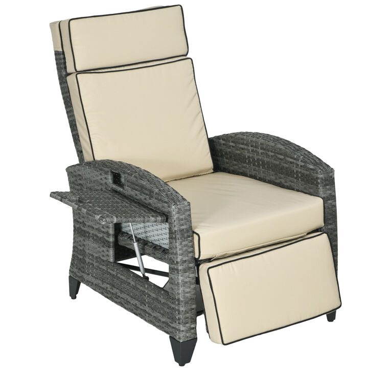 Outsunny Outdoor Recliner Chair with Cushions, PE Wicker Reclining Patio Lounge Chair with Adjustable Footrest, Armrests, Side Tray Table for Balcony, Porch, Khaki