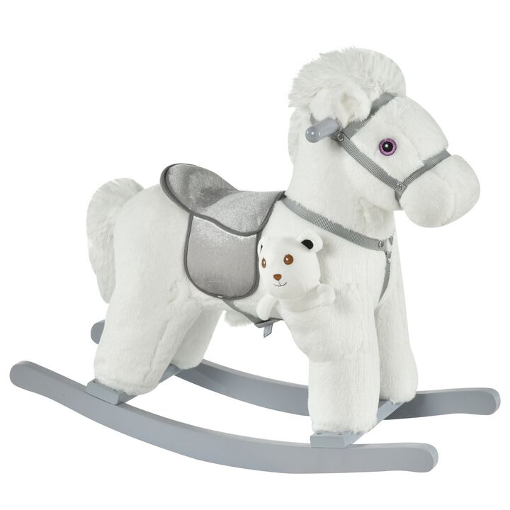 White Plush Pony: Rocking Horse with Bear Toy for Kids