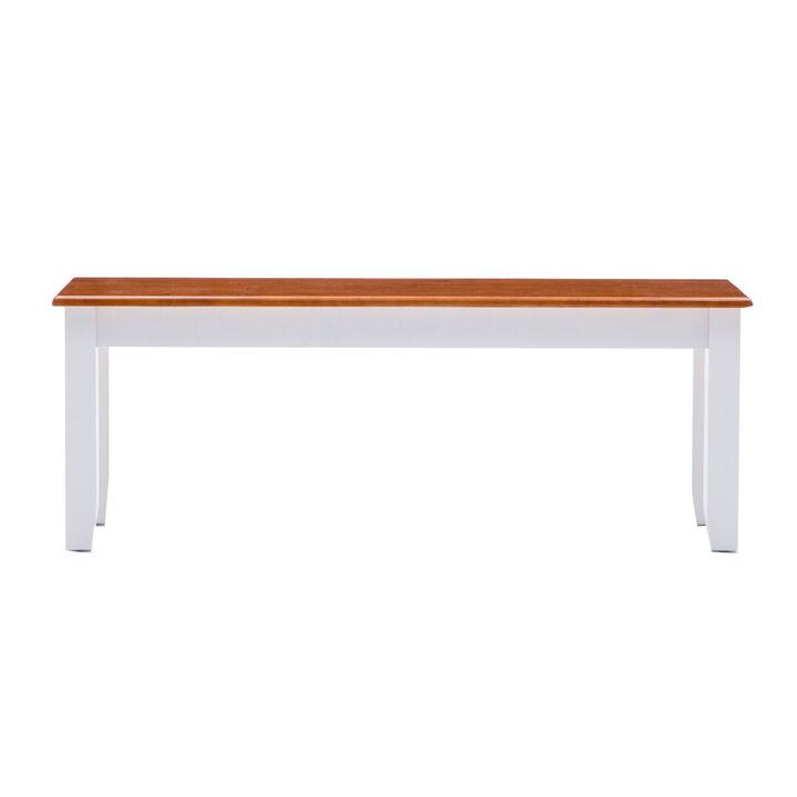 Zoy 48 Inch Wood Dining Bench, Rich Brown Top, Classic White Tapered Legs-Benzara