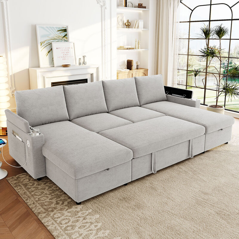 Merax Convertible Sofa Bed U-Shaped Sectional Sofa Modern Upholstered Sofa with Storage Chaise Lounges