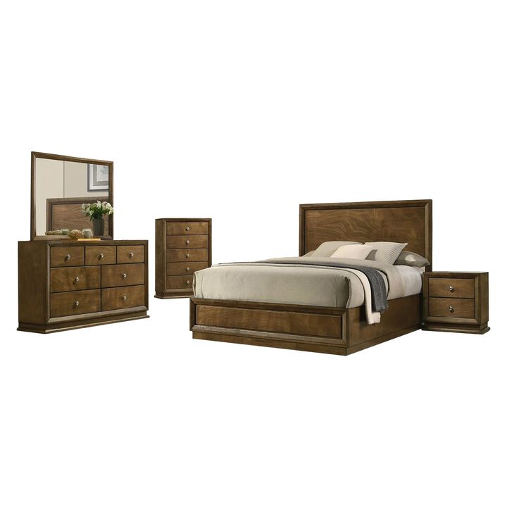 Rouk 5pc Queen Bedroom Set, Walnut Brown Wood, Bronze, Tall Dresser