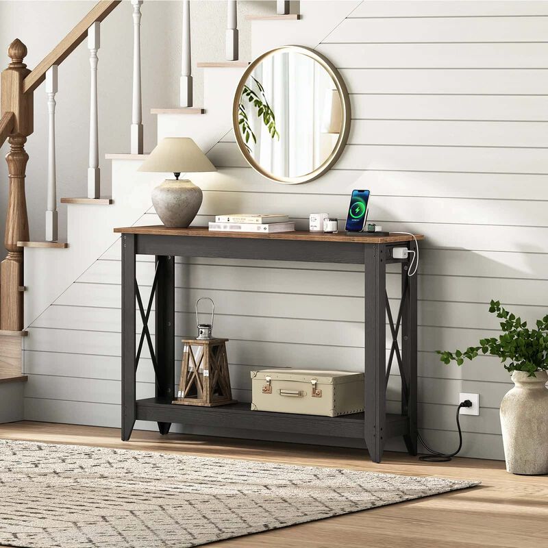 Modern Console Table with Power Station, USB Ports for Entryway Use-Brown image number 3