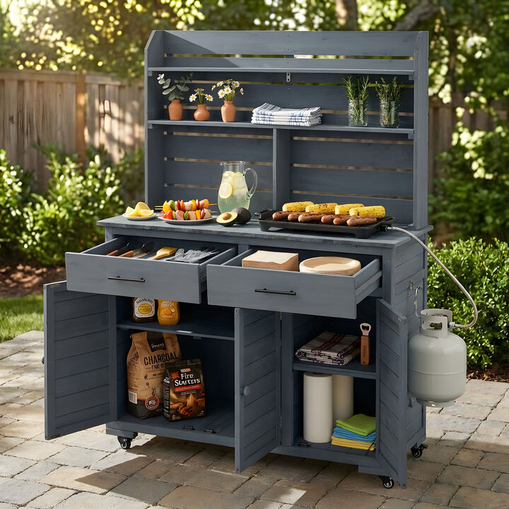 Whisen 65"H Rustic Garden Potting Table with Wheels, Lockable Storage Cabinet & Hutch Top